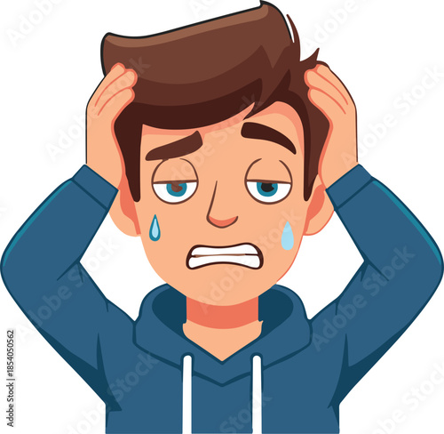 Cartoon male avatar stressed crying expression, anxious worried character holding head, hoodie boy emotions, modern flat vector illustration isolated