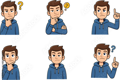 Cartoon male avatar thinking and idea expression set, confused curious character gestures, hoodie boy emotions, modern flat vector illustration isolated