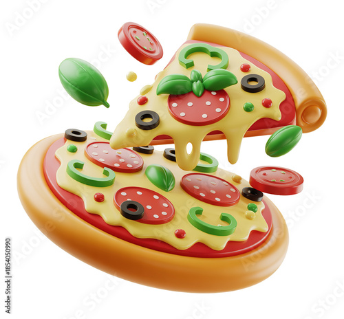 Tasty 3D Pizza with Floating Tomatoes and Olives for Fun Meal Design