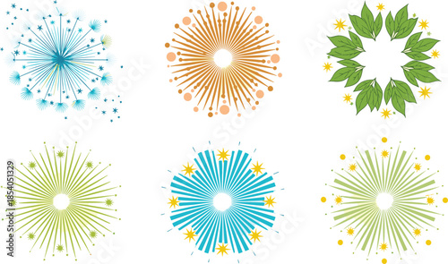 Abstract sunburst floral elements set, colorful decorative starburst designs, botanical wreath and radial shapes, modern vector illustration