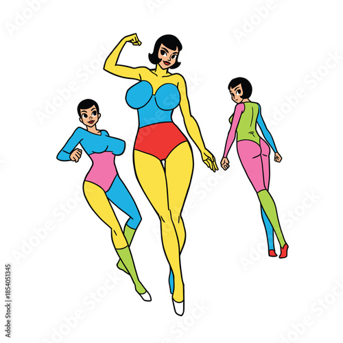 Three confident superhero women posing in colorful yellow blue and pink bodysuits character design