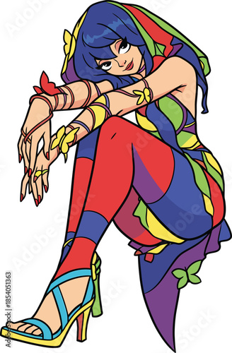 Beautiful fantasy woman with blue hair wearing a colorful butterfly themed outfit sitting