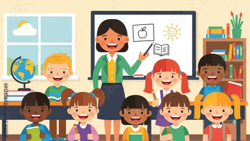 Diverse group of happy children in a classroom with their teacher standing near a whiteboard during a fun and interactive lesson