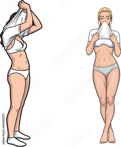 Fit woman lifting her white t-shirt to show off her abdominal muscles and waist