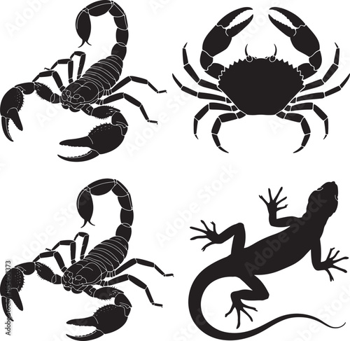 scorpion crab and lizard silhouettes on transparent background