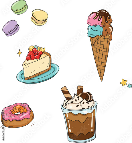 Set of delicious dessert sweets including ice cream, cheesecake, donut, and macarons