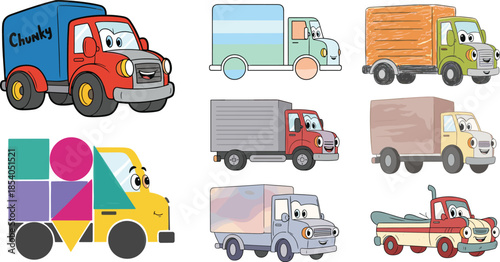 Cartoon truck characters, vector illustration, smiling faces, colorful cargo, playful transportation, kids graphics, stock icons, anthropomorphic vehicles, cute emoji, fun design