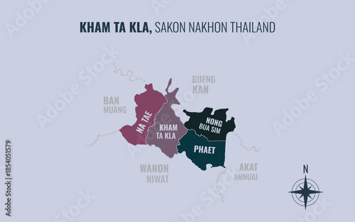 Map showing Kham Ta Kla District Sakon Nakhon Thailand divided into sub-districts with minimalist colorful patterns