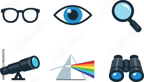 Set of optics icons: glasses, eye, magnifier, telescope, prism, binoculars