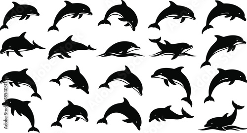 Dolphin silhouettes set, jumping and swimming dolphin poses collection, marine animal ocean life icons, black and white vector