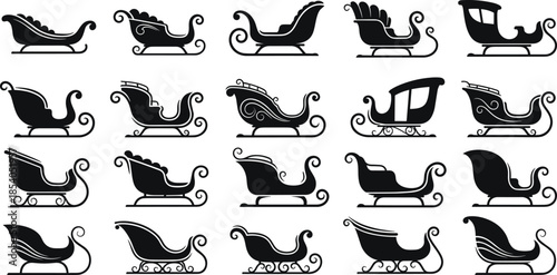 Santa sleigh silhouettes set, Christmas sleigh collection, winter holiday transportation icons, festive black vector illustration design elements