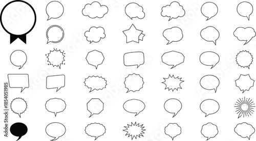 Speech bubble icons set, comic dialog clouds collection, chat and message symbols, outline shapes, black and white vector design