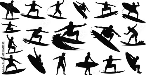 Surfing silhouettes set, surfer action poses collection, extreme water sport activities, ocean wave riding, black and white vector