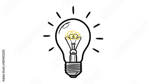 Simple doodle of a glowing lightbulb with a yellow filament, hand-drawn to symbolize a new idea, creativity, and innovation.