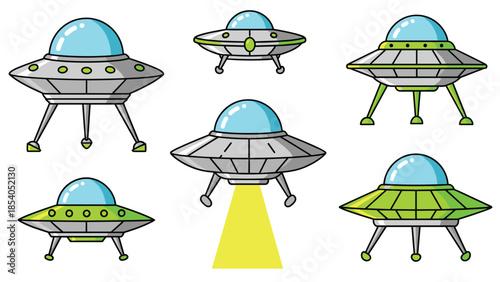 Set of six colorful cartoon UFOs and flying saucers with glass domes, illustrated in a fun, retro comic book style.