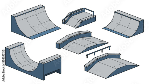 Isometric set of various skate park elements, including half pipes, ramps, and rails, for creating a custom skateboarding course.