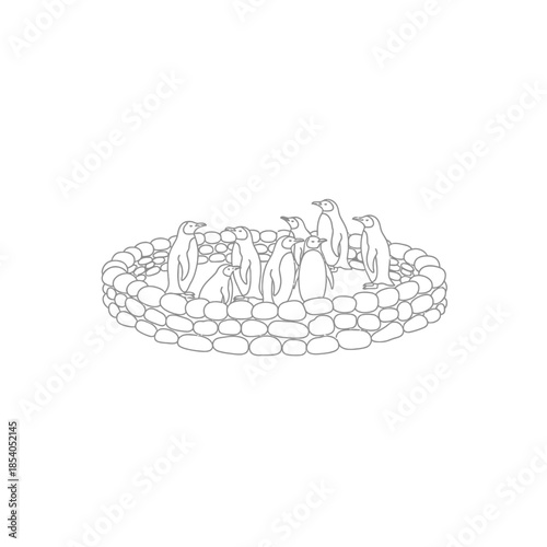 Penguins gathered inside a stone enclosure, drawn with intricate detail
