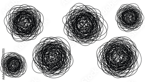Set of chaotic, tangled scribble circles hand-drawn with thin black lines, representing confusion, messiness, or complex thoughts.