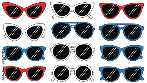 Set of twelve pairs of retro and modern sunglasses in various styles like cat-eye and aviator, in red, white, and blue.