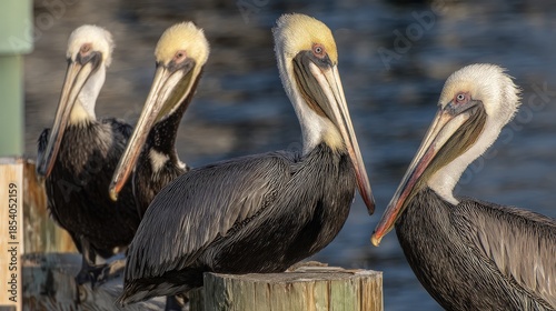 Group of Brown Pelicans Resting on Wooden Pier Close Up