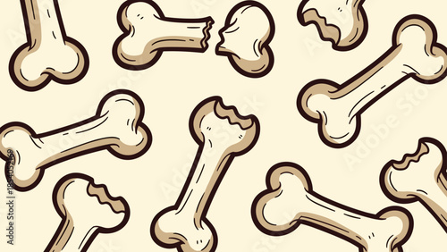 Seamless pattern of cartoon dog bones, some whole and some broken or chewed, on a light beige background for a playful design.