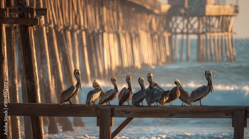 Brown Pelicans Perched on Concrete Pillars in Calm Ocean Water