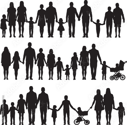 silhouettes of families holding hands with children and prams