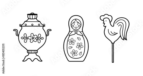 Maslenitsa or Shrovetide. Set of ornament elements on the theme of Great Russian holiday Shrovetide. Vector doodle illustration of samovar, matryoshka and cockerel.