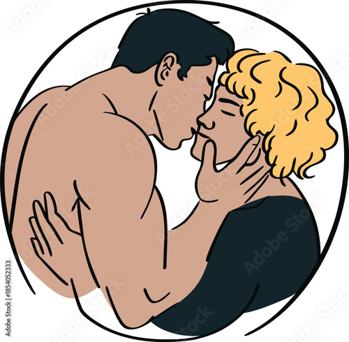 Blond androgynous nonbinary person kissing naked muscular brutal chinee (round vector print)
