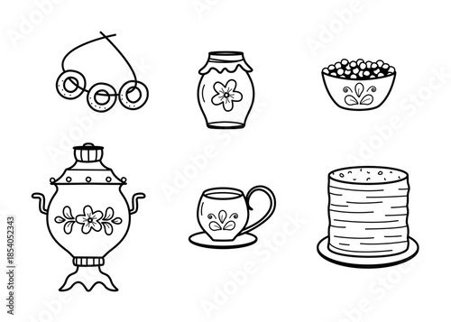 Traditional food for the Carnival holiday Maslenitsa or Shrovetide. Vector doodle illustration of pancakes, bagels, a cup of tea, red caviar and honey. White background.