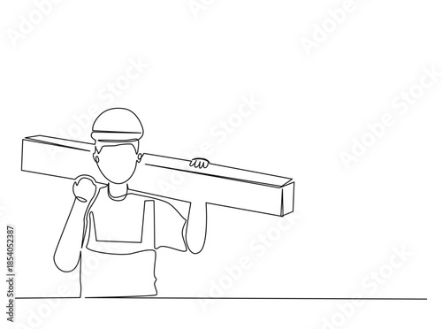 Single Continuous Line Drawing of a Construction Worker or Carpenter Carrying a Wooden Plank