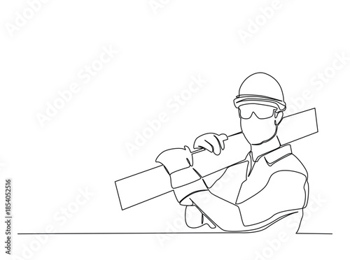 Single Continuous Line Drawing of a Construction Worker or Carpenter Carrying a Wooden Plank
