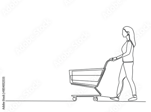 Continuous line art drawing of Woman pushing shopping trolley. Editable stroke.
