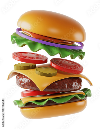 3D Exploding Burger Icon with Layers of Fresh Ingredients