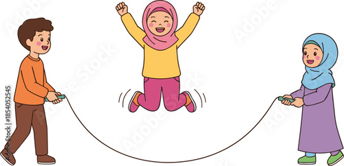 Cute Muslim children playing jump rope featuring happy boy and girls in hijab for inclusive education health and physical activity design