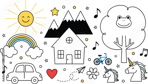 Set of cute kawaii doodles featuring house car unicorns sun and rainbow in hand drawn line art style for kids education and nursery design