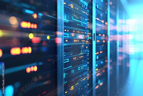 High performance IT data center server racks with cloud computing infrastructure and AI driven data flow for enterprise networks, digital transformation, cybersecurity concepts
