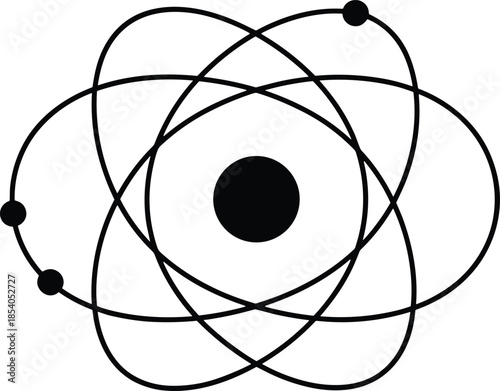 Stylized atom structure with electrons orbiting nucleus, science symbol, chemistry physics concept illustration, flat vector