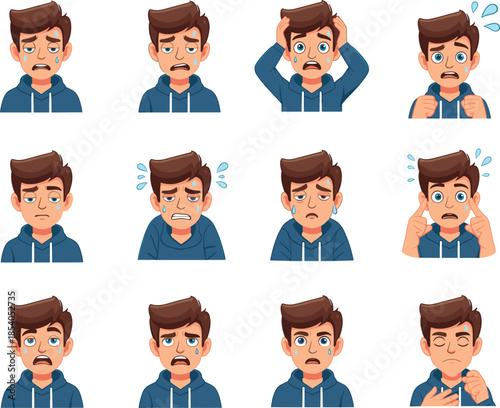 Sad crying male avatar emotions set, stressed worried cartoon character expressions, hoodie boy faces, modern flat vector illustration pack