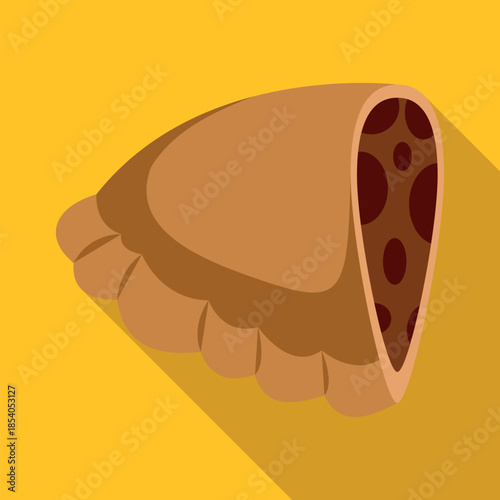 Empanada with a patterned filling on a yellow background in flat design style