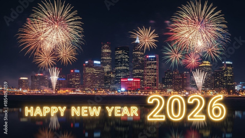 Happy new year 2026 fireworks display over city skyline at night