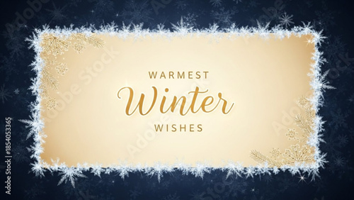 Warmest winter wishes written in gold on frosty beige background with snowflakes