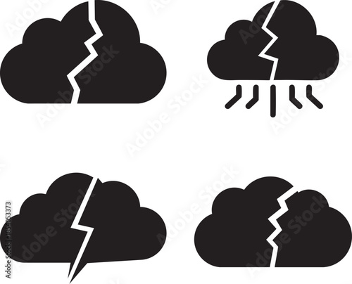 Cloud System Failure Icons Set Broken Cloud Silhouette Digital Error Network Problem Vector Illustration
