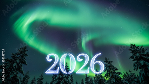 Green aurora borealis display in night sky with trees and year 2026