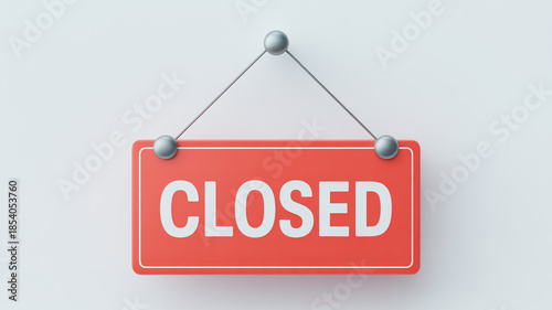High-definition 2D coral-red CLOSED sign, bold white sans-serif text, metallic hooks, minimalist flat design, premium commercial, marketable illustration.