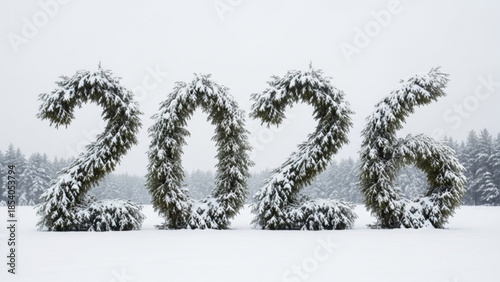 Snowy forest landscape with 2026 numbers made of frosty trees