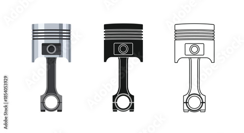 Three engine pistons depicted in different styles grayscale black and outline