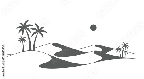 Minimalist black and white illustration of palm trees dunes and a sun
