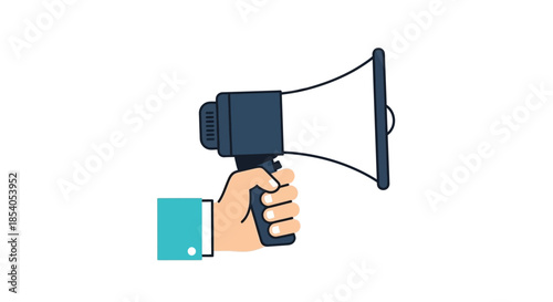 A hand holding a blue and black megaphone broadcasting an announcement