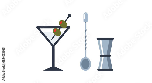 A simple illustration of a martini glass olives and bartending tools